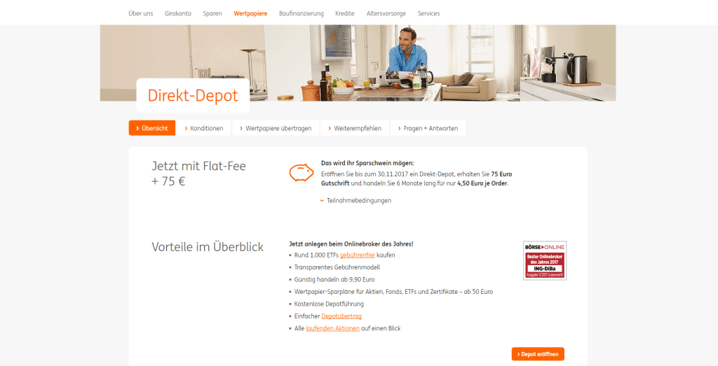 INGDiBa bewirbt DirektDepot 75 Euro Gutschrift und FlatFee
